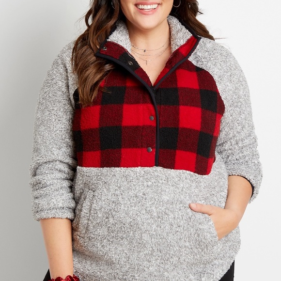 Maurices Sweaters - Maurices Gray Buffalo Plaid Yoke Snap Front Sherpa Pullover Sweatshirt Size 2X